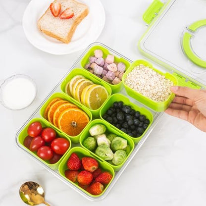 WACOI Divided Snack Serving Tray with Lid and Handle Travel Snackle Charcuterie Container Portable Storage Organizer for Candy, Fruits, Nuts, Snacks, Party, Picnic (1pack, Green)