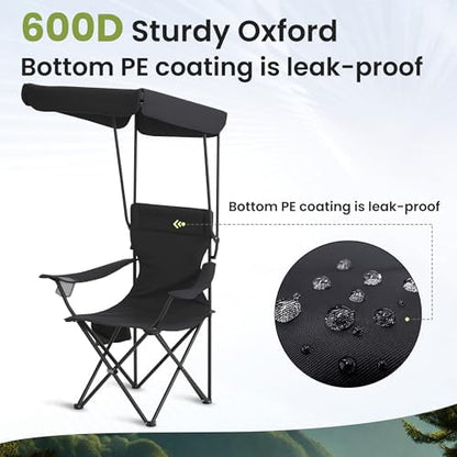 Portable Camping Chair 2 Pack with Foldable Canopy, Folding Outdoor Chair with Cup Holder & Side Pocket for Camping, Hiking, Picnic, Beach (Light Black)