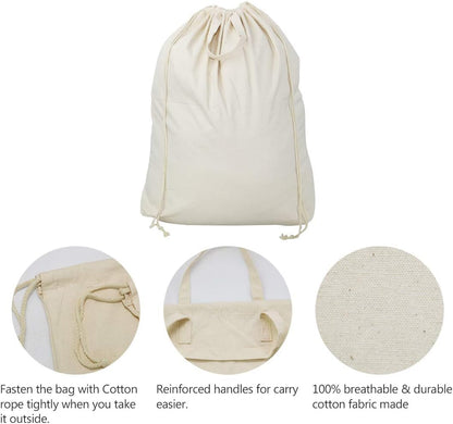 3pcs Breathable Cotton Canvas Laundry Drawstring Bags with Carrying Handles & Shoulder Strap, Cotton Laundry Hamper Basket Replacement Liner Bags