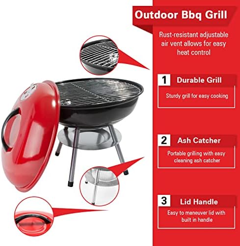 Alpine Cuisine Premium Portable BBQ Grill, 14 Inch, Heavy Duty Steel Outdoor Charcoal Grill for Camping, Tailgating, Patio & Backyard, Red