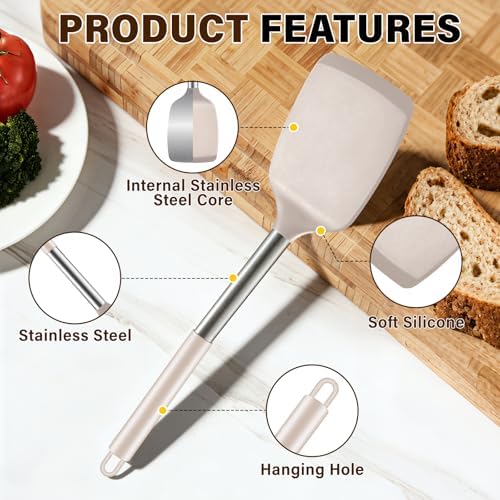 5Pcs Silicone Cooking Utensils Set, Heat Resistant Kitchen Tools Include Solid&Slotted Spatula, Cooking Spoon and Pasta Server, Silicone Kitchen Utensils set for Nonstick Cookware Flipping, Khaki