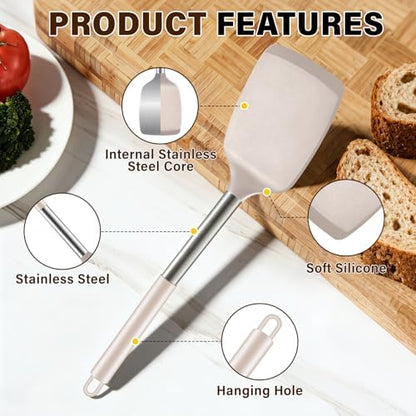 5Pcs Silicone Cooking Utensils Set, Heat Resistant Kitchen Tools Include Solid&Slotted Spatula, Cooking Spoon and Pasta Server, Silicone Kitchen Utensils set for Nonstick Cookware Flipping, Khaki