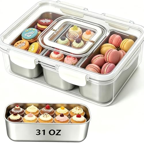 Snackle Box Container, Stainless Steel Divided Serving Tray with Lid and Handle, Large Snack Tray for Fruit Veggie Candy, 3-Compartment Snack Platter for Travel Party Beach Picnic