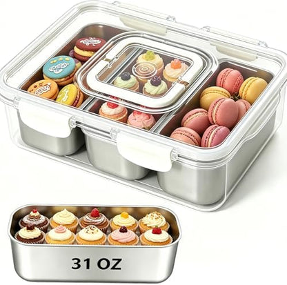 Snackle Box Container, Stainless Steel Divided Serving Tray with Lid and Handle, Large Snack Tray for Fruit Veggie Candy, 3-Compartment Snack Platter for Travel Party Beach Picnic