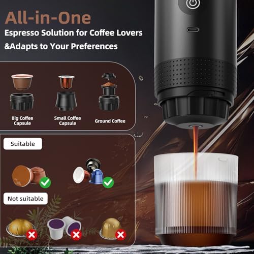 Portable Coffee Maker for Travel & Camping, Portable Espresso Maker with Bag, Rechargeable Cordless Battery Operated Coffee Makers for Ground Coffee, NS Capsule RV, Hiking, Office(Black)
