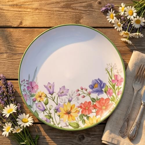12-Piece Floral Melamine Dinnerware Sets, Green Camping Dishes Set