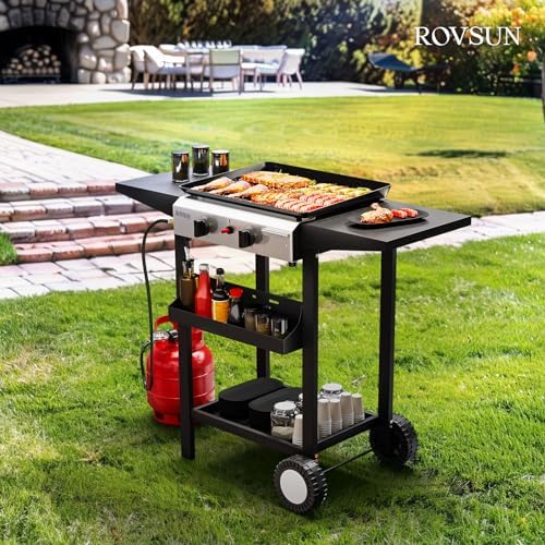 ROVSUN 2 Burner Portable Propane Griddle with Electronic Ignition, 20000 BTU Rolling Flat Top Gas Grill with Nonstick Enameled Tray, Side Shelves & Regulator for Outdoor Cooking Camping BBQ Tailgating