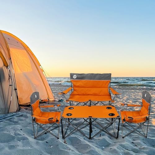Northroad Folding Camping Chair Set of 4, Portable Collapsible Conversation Set w/1 Sofa, 2 Single Chairs, 1 Table for Family Patio, Outdoor Travel, Beach(Orange)