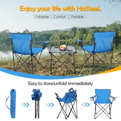 HaSteeL Folding Camping Chair Set of 3, Foldable Blue Camp Chairs & Grey Table, Large Lawn Chair Portable for Adults Hiking, Fishing, Picnic, Outdoor BBQ, Travel, Sports, Cup Holders & Storage Bags