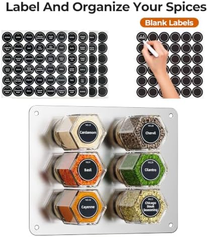 Vetacsion Set of 12 Magnetic Spice Tins with 2 Black Metal Wall-Plates,100 Preprinted Seasoning Label Stickers,2 Styles for 3 oz Herb Jars (12 PCS)