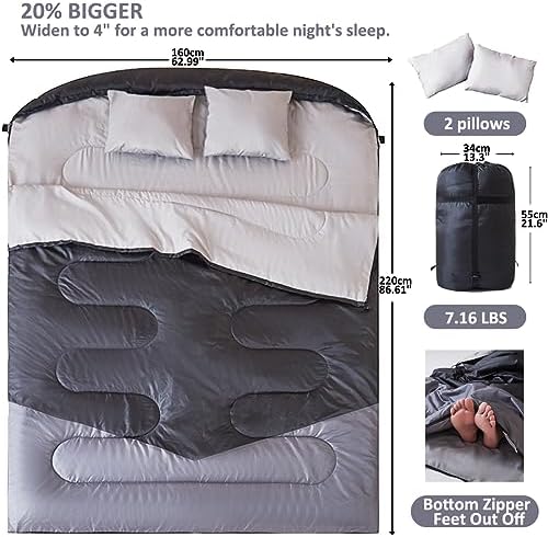 oaskys Double Sleeping Bag for Adults with 2 Pillows - Queen Size XL Waterproof Sleeping Bag for All Season Camping Hiking Backpacking 2 Person Sleeping Bags for Cold Weather & Warm