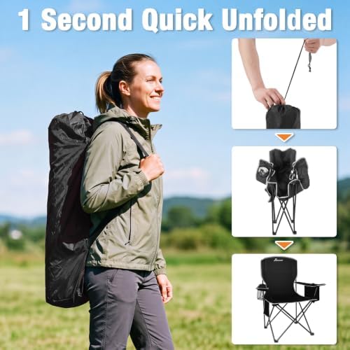Romswi Lightweight 2Pcs Camping Chairs for Adults, Folding Lawn Chair with 4-Can Cooler Bag, Cup Holder,Collapsible Portable Outdoor Chair for Tailgating, Beach, Fishing,Black