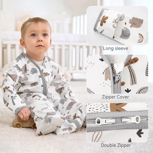 Baby Sleep Sack 0-6 Months, Long Sleeve Baby Wearable Blanket 0.5 Tog with Mittens, 2-Way Zipper Newborn Cotton Sleeping Sack for Boy and Girl Grey Elephant 2 Pack (Small)