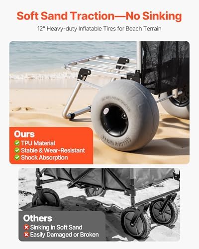 VEVOR Beach Dolly with Big Wheels for Sand, 20" x 15" Cargo Deck, Folding Sand Cart with 12" Balloon Wheels, 165 lbs Loading Capacity & 34" to 46" Adjustable Height, Heavy Duty Cart for Beach Camping