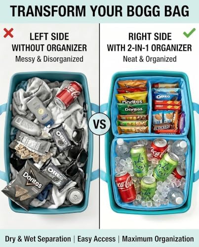 Insulated Cooler Organizer Insert Compatible with XL Bogg Bag,2-in-1 Dry-Wet Separate Tote Insert Leakproof Cooler&Mesh Storage Bag,Bogg Bag Accessories for Beach,Camping