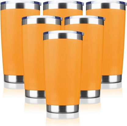 20oz Tumbler Bulk Stainless Steel Vacuum Insulated Tumblers with Lid Double Wall Travel Mug, Durable Powder Coated Coffee Cup, Suitable for Ice Drinks and Hot Beverage (Orange 6pack)