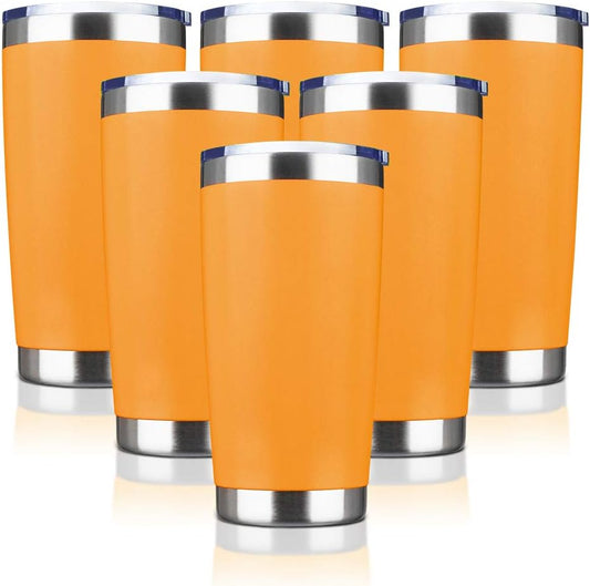 20oz Tumbler Bulk Stainless Steel Vacuum Insulated Tumblers with Lid Double Wall Travel Mug, Durable Powder Coated Coffee Cup, Suitable for Ice Drinks and Hot Beverage (Orange 6pack)