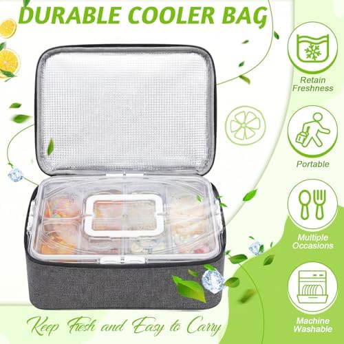 Snackle Box Container Food Grade Clear Plastic, Insulated Cooler Bag, 8 Removable Cups, Divided Serving Tray with Lid Handle Forks Spoons for Picnic Beach Road Trip Party, Ice Pack Not Included