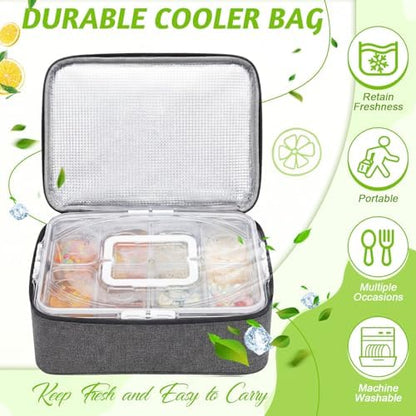 Snackle Box Container Food Grade Clear Plastic, Insulated Cooler Bag, 8 Removable Cups, Divided Serving Tray with Lid Handle Forks Spoons for Picnic Beach Road Trip Party, Ice Pack Not Included