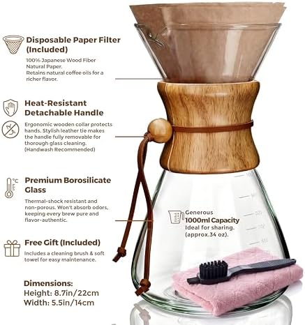 AGOGO Pour Over Coffee Maker Set,34oz Slim Style, 50 Paper Filters