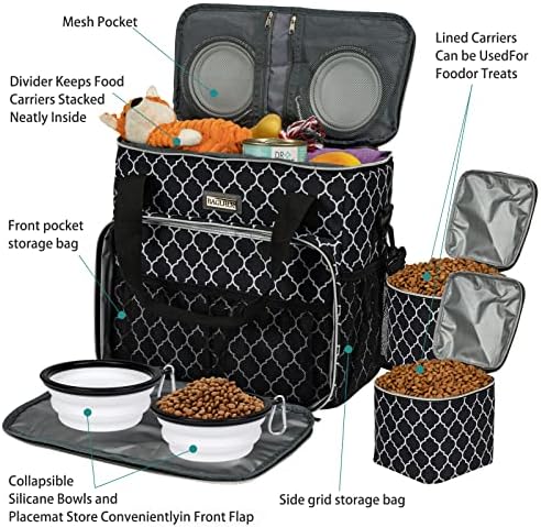 BAGLHER Dog Travel Bag, Pet Travel Bag (ALL Pet Travel Supplies), With 2 Pet Food Containers and 2 Collapsible Silicone Bowls; Essential Kits for Travel DLblack