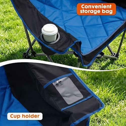 EMERIT Oversized Padded Camping Chair for Big Tall Adults, 500 LBS Heavy Duty Foldable Quad Lawn Chair, 19.68" High Seat, 4-Layer Cushion, Cup Holder, Camping Tailgating Backyard Patio Sports, Blue