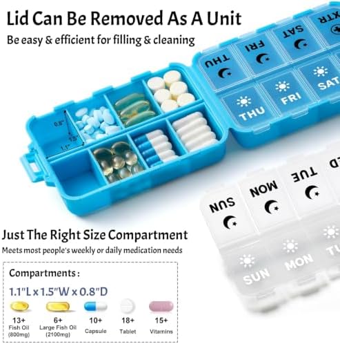 Foldable Portable 7 Day Pill Organizer 2 Times a Day, AM PM Weekly Pill Box