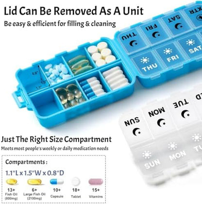 Foldable Portable 7 Day Pill Organizer 2 Times a Day, AM PM Weekly Pill Box