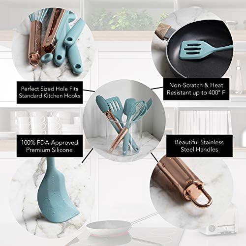 COOK WITH COLOR Silicone Cooking Utensils, Kitchen Utensil Set, Easy to Clean Silicone Kitchen Utensils, Cooking Utensils for Nonstick Cookware, Kitchen Gadgets Set, Mini, Aqua