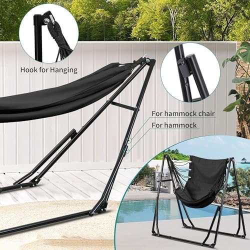 Ainfox Hammock with Foldable Stand, 2 in 1 Hammock and Swinging Chair with Carrying Bag, Portable Camping Chair Suitable for Outside, Swing,Patio,Garden,Camping Trip Black