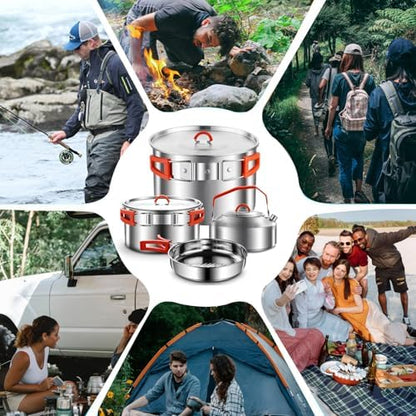 Camping Cooking Set 304 Stainless Steel Camping Pots and Pans Set
