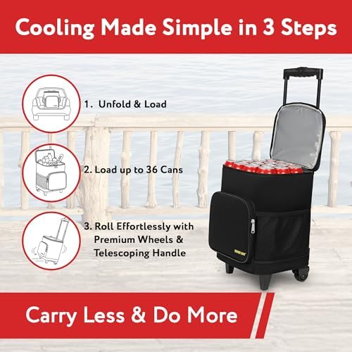 Ultra Compact Cooler Smart Cart with Wheels - Collapsible Insulated Cooler Bag - Foldable Travel Cooler 36 Cans - Leak Proof Trolley - Black