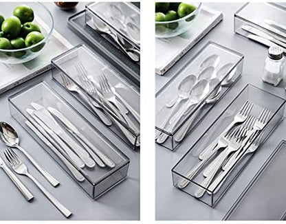 Transparent Flatware Tray Kitchen Drawer Organizer With Lid - Plastic Kitchen Cutlery Tray and Utensil Silverware Storage Container with Cover - Dinnerware Holder for Spoons Forks Knives