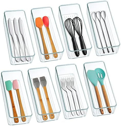Hudgan 8 Pack Clear Plastic Drawer Organizer Bins Set, Stackable Cutlery Storage Bins Trays for Organizing Kitchen, Bathroom, Office, Crafts, Gadgets, Cabinet Supplies