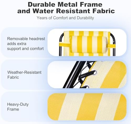 Nazhura Set of 2 Relaxing Recliners Patio Chairs Adjustable Steel Mesh Zero Gravity Lounge Chair Beach Chairs with Pillow and Cup Holder (Yellow Stripe)