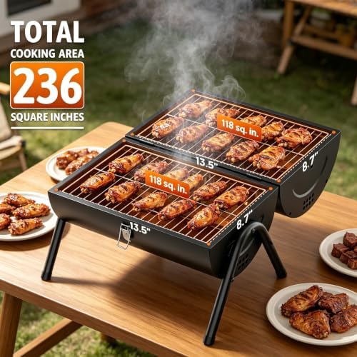 Portable Charcoal Grill with Warming Rack, Wooden Handle, Tabletop BBQ Grill for Outdoor Barbecue Camping Picnic Backyard Patio, Black
