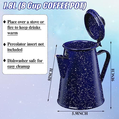 Dandat 60 oz Enamel Coffee Pot Set with 6 Pcs 12oz Mug, Blue Campfire