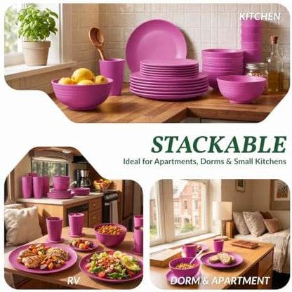 40-Piece Kitchen Plastic Wheat Straw Dinnerware Set, Dish Set for 8, Dinner Plates, Dessert Plate, Cereal Bowls, Cups, Appetizer Plates,Unbreakable Plastic Outdoor Camping Dishes,Pink