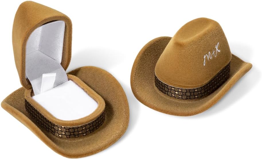 Custom Vintage Brown Cowboy Hat Jewelry Box - Decorative Ring Holder for Wedding and Engagement Rings - Elegant Storage Case and Gift for Western-Themed Ceremonies and Proposals
