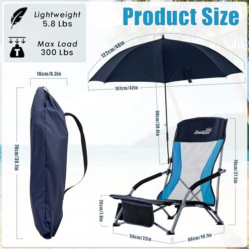 Lamberia Folding Beach Chair with Umbrella for Adults, Portable Low Beach Chairs with 300lbs Capacity, Lightweight Fodable Camping Chair for Travel, Picnic, Concert & Outdoor Activities, Navy Blue