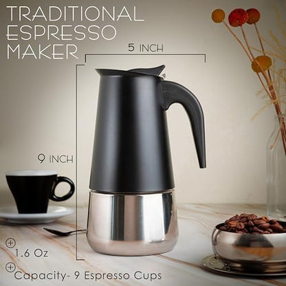 Mixpresso 9 Cup Greca Moka Pot, Stainless Steel Stovetop Espresso Maker