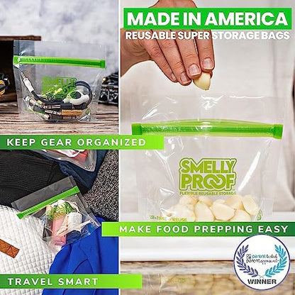 Smelly Proof 15 x Reusable Food Storage Bags, Reusable Freezer Bags, Reusable Snack Bags, Stand-Up Expandable “Stand & Fill”, Clear 3-Mil 6” x 4”, US Made, BPA FREE, NO PEVA, 15-pk