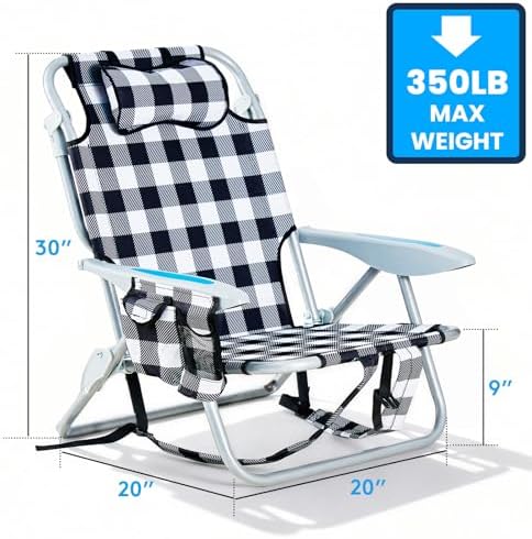 2 Pack Lightweight Portable Camping Beach Chair for Adults, Outdoor Lay Flat Folding Beach Chairs with 5 Positions, Backpack Beach Chair with Towel Bar, Zipper Pouch, Cup Holder, Plaid