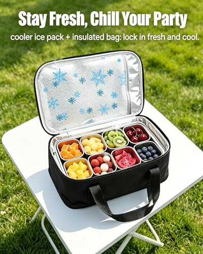 Snackle Box Container, Stainless Steel Divided Serving Tray with Lid and Handle,Large Snack Tray for Fruit Veggie, 8-Compartment Snack Platter for Travel Party Beach Picnic,with Ice Pack(Silver White)