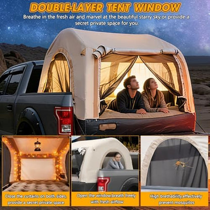 All-in-One Inflatable Truck Bed Tent with Mattress for 5.5-6.5FT,Built in Wireless Rechargeable Air Pump,3 Mins Fast Setup,Waterproof PU 2000MM Pickup Truck Tent for Camping Road Trip