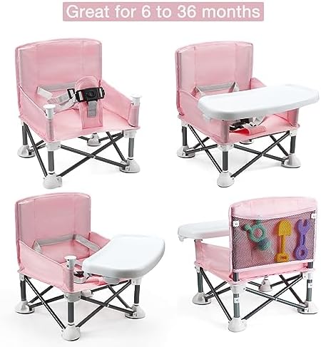 PandaEar Portable Baby Seat Travel| Compact Fold with Straps for Indoor/Outdoor Use| Great for Camping, Beach, Lawn |Toddlers, Kids, Boys, Girls (Pink)