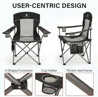 2 Pack Camping Chairs for Adults,Oversized Mesh Back Lawn Chair with Cup Holder, Side Pocket&Bag for Outdoor,Beach,Picnic,Fishing,and Sports,Breathable,Heavy Duty,Black