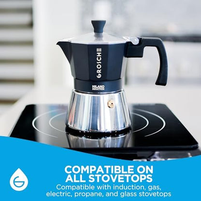 GROSCHE Milano Induction Stovetop Espresso Maker Moka Pot 3 Cup (Black)