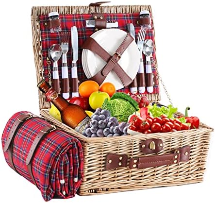 Wicker Picnic Basket for 4 with Waterproof Picnic Blanket