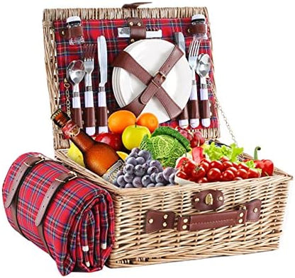 Wicker Picnic Basket for 4 with Waterproof Picnic Blanket